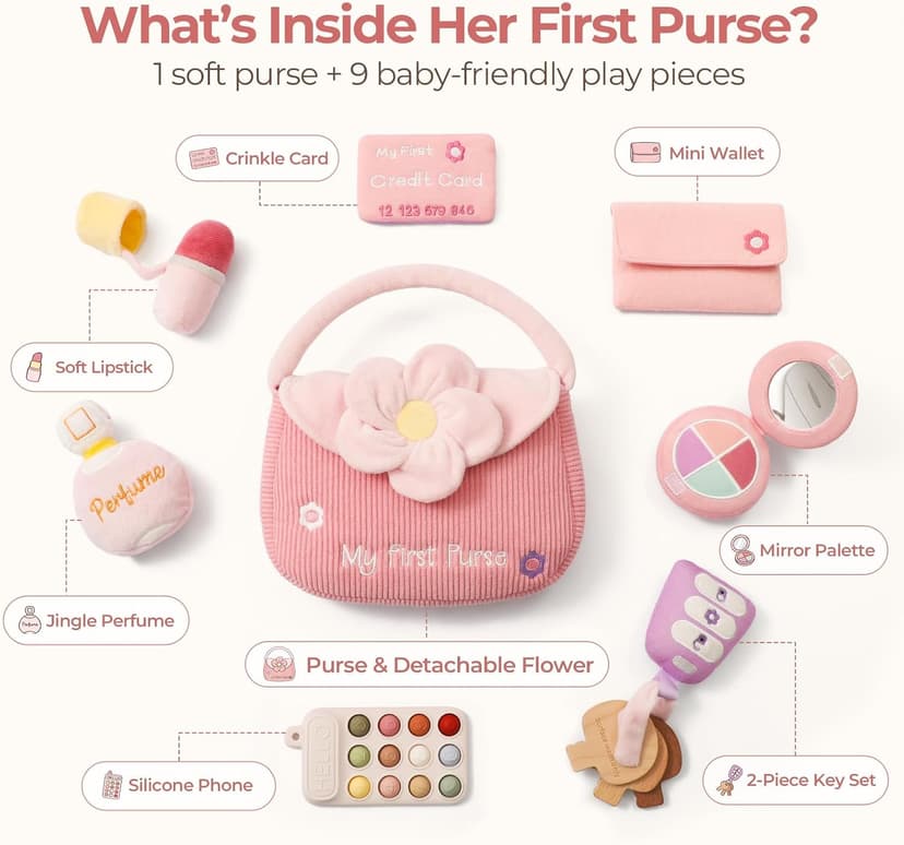 Teether Phone, Wooden Keys & Car Key, Soft Baby Purse with Mirror & Crinkle Card, Sensory Pretend Play, 1 Year Old Girl Gifts let's make My First Baby Purse, 10 Pcs Sensory Toy for Baby & Toddler Girls B0H151K19V