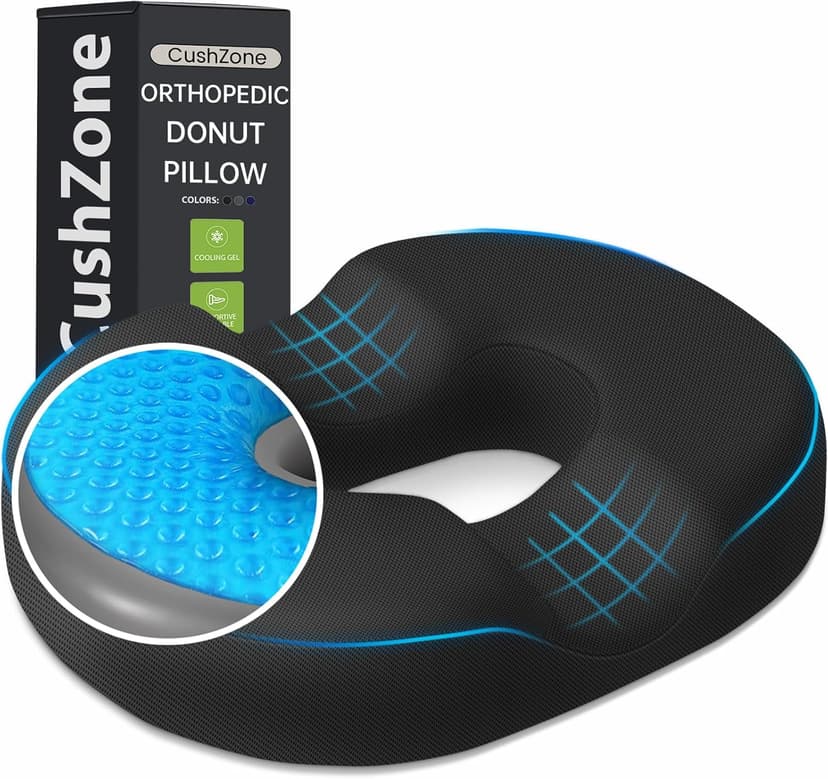 Donut Pillow Seat Cushion - Cooling Gel Donut Chair Cushions, Memory Foam Seat Cushion for Office & Home, Car Seat Cushion and Butt Pillow, Hemorrhoids Pillow and Tailbone Pain Relief, Black