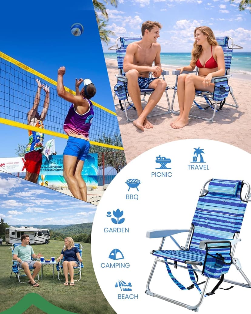 GVDV Backpack Beach Chairs for Adults 2 Pack, Portable Lay Flat Folding Chair with Cup Holder and Towel Bars, 4-Position Adjustable Reclining Chair for Beach, Camp, Outdoor, Blue Ocean