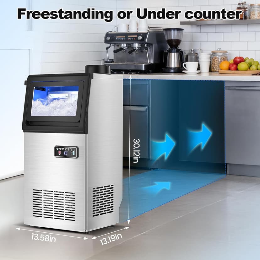 Nugget Ice Maker Machine Commercial, 80lbs/24h Undercounter Sonic Ice Machine with 20lbs Storage Bin & Dual Water Inlet, Chewable Pellet Ice for Restaurant Bar Home, Stainless Steel