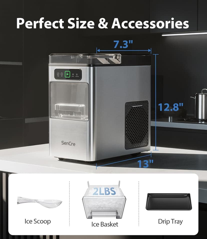 Nugget Ice Maker 40lbs/Day, Countertop Ice Maker Soft Chewable Ice, Ice Makers One-Click & Self-Cleaning, Crushed Pellet Ice Machine with Scoop&Basket for Home/Kitchen/Office, Stainless Silver