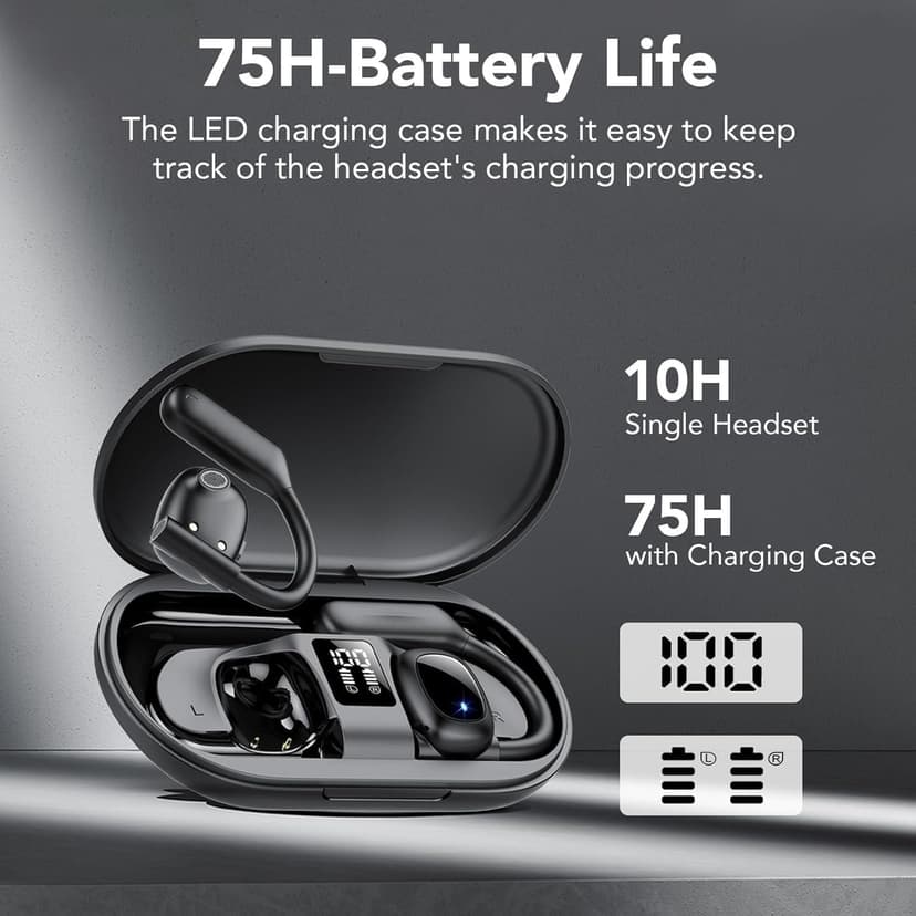 Open Ear Bluetooth 5.3 Earbuds,Wireless Headphones Sport Over Earphones Built-in 4 Mic with Ear Hooks 75H Playtime,Bluetooth Ear Buds with LED Digital Display,IPX5 Waterproof for Running Fitness/Black