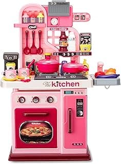 Kids Kitchen Playset-53pcs Cooking Stove,Paly Sink,Oven,Kitchen Toys with Realistic Lights&Sounds，Pretend Play Toys,Kitchen Toys for Toddlers 1 2 3 (Pink)