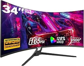 Gawfolk 34 Inch Ultrawide Curved Gaming Monitor, 21:9 WQHD 3440x1440 165Hz Curved 1500R Computer Monitor PIP/PBP,1ms(MPRT) 127% sRGB,HDMI & DP,Tilt Adjustable,Panoramic for Office & Immersive Gaming
