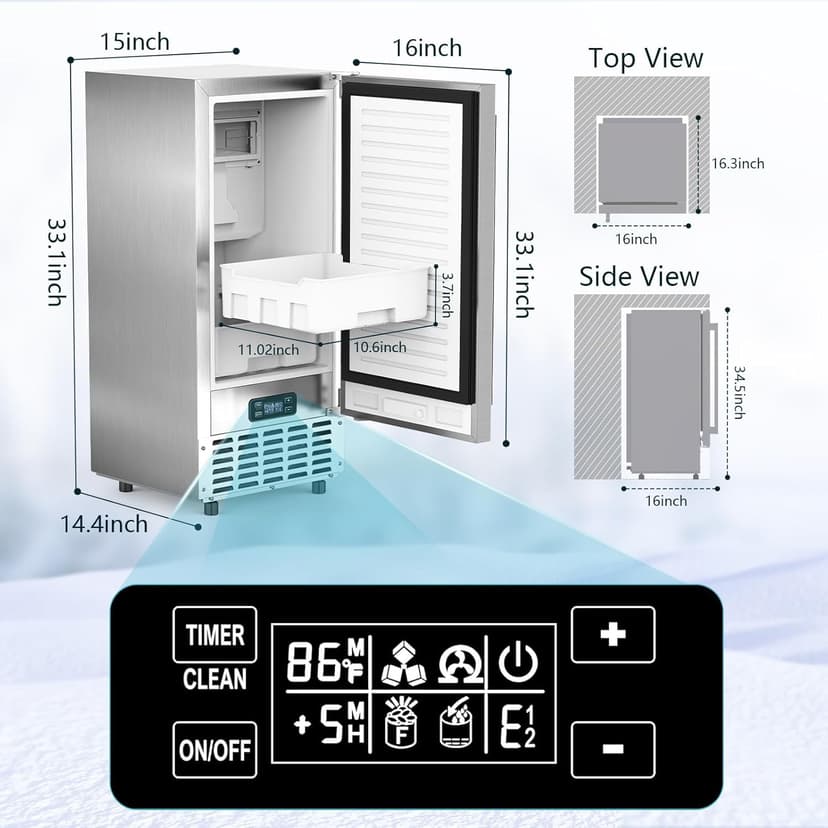 Undercounter Nugget Ice Maker,Commercial Nugget Ice Machine,66 lbs/Day,Built-in or Freestanding‌ with ‌Self-Cleaning‌,24-Hour Timer‌,Stainless Steel Ice Maker for ‌Bars, Cafes, Businesses‌