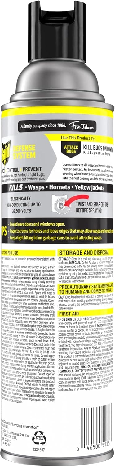 Raid Wasp & Hornet Killer Spray, Kills the Entire Nest, For Paper Wasps, Yellow Jackets, Mud Daubers, and more, 17.5 oz