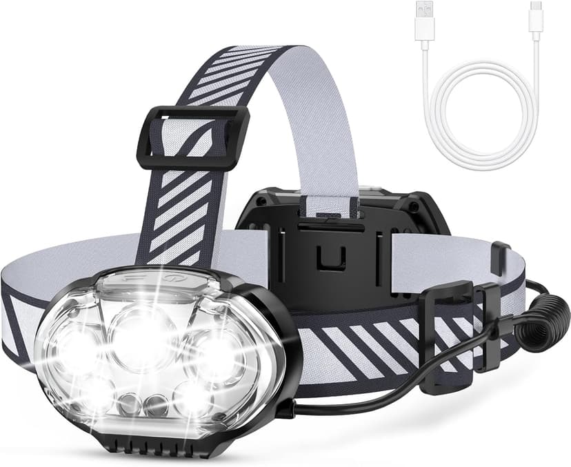 MIOISY Rechargeable Headlamp, Ultra-Bright 5 LED Head Lamp with Red White Light,IPX4 Waterproof Headlight,8 Mode Head Flashlight for Outdoor Running Hunting Fishing Hiking Camping Gear