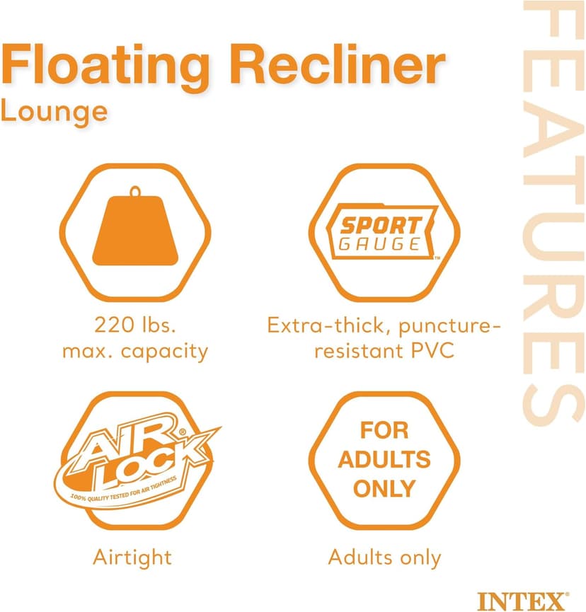 Intex Inflatable Lounge Pool Recliner Lounger Chair with Cup Holders - Heavy-Duty Float Raft for Adults, 220 Lb Capacity Large Floating Tanning Chair
