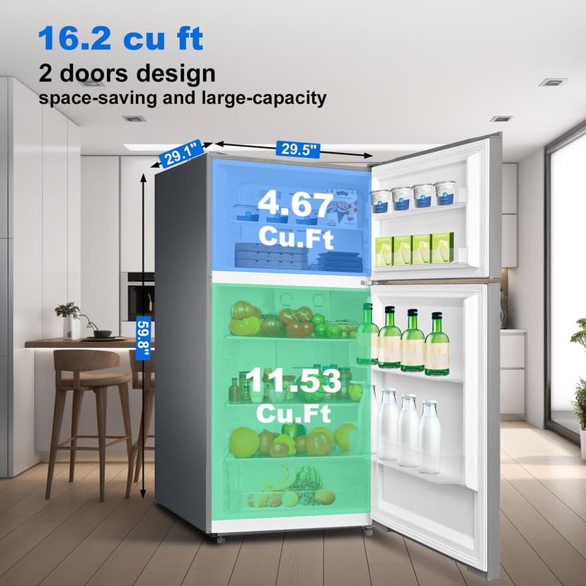 SMETA 30'' Top Mount Refrigerator with Freezer, 16.2 Cu. Ft. Stainless Steel 2-Door Counter Depth Fridge, Energy Saving, Ice Maker Ready, Reversible Door, Frost Free, Ideal for Garage & Office