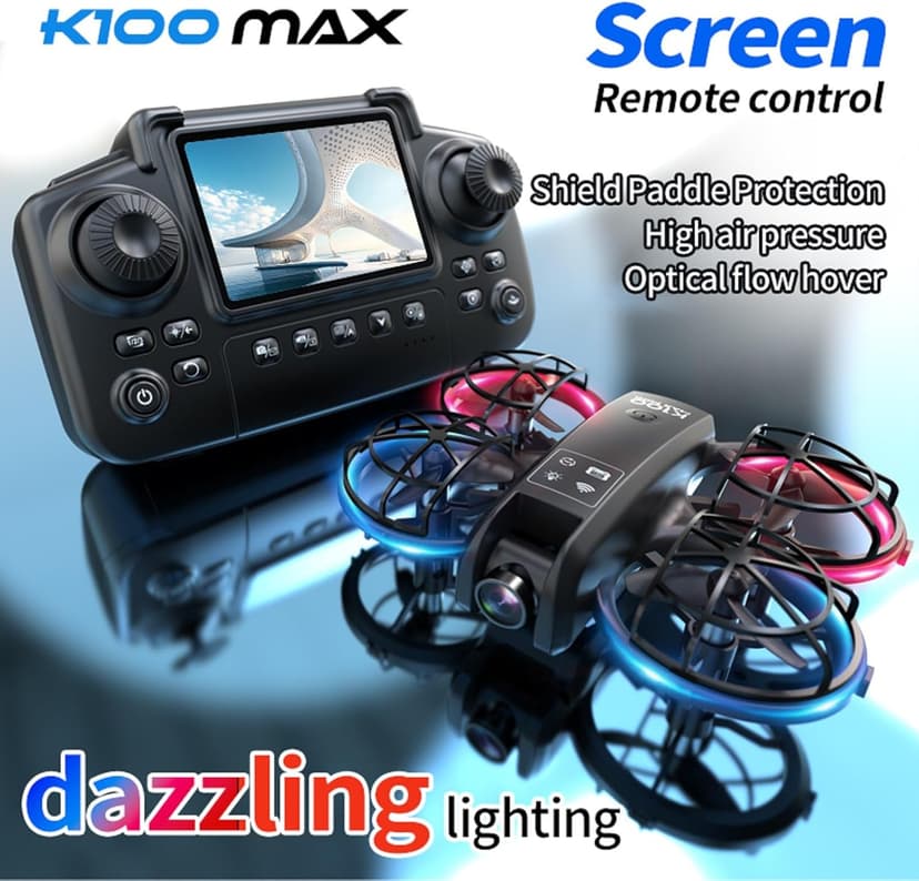 K100 Mini Drone with Screen Controller with SD Card, Two-batteries, Optical Flow Positioning, All-round Protection for Flight Paddles, Suitable for Beginner. (2 batteries - Black)