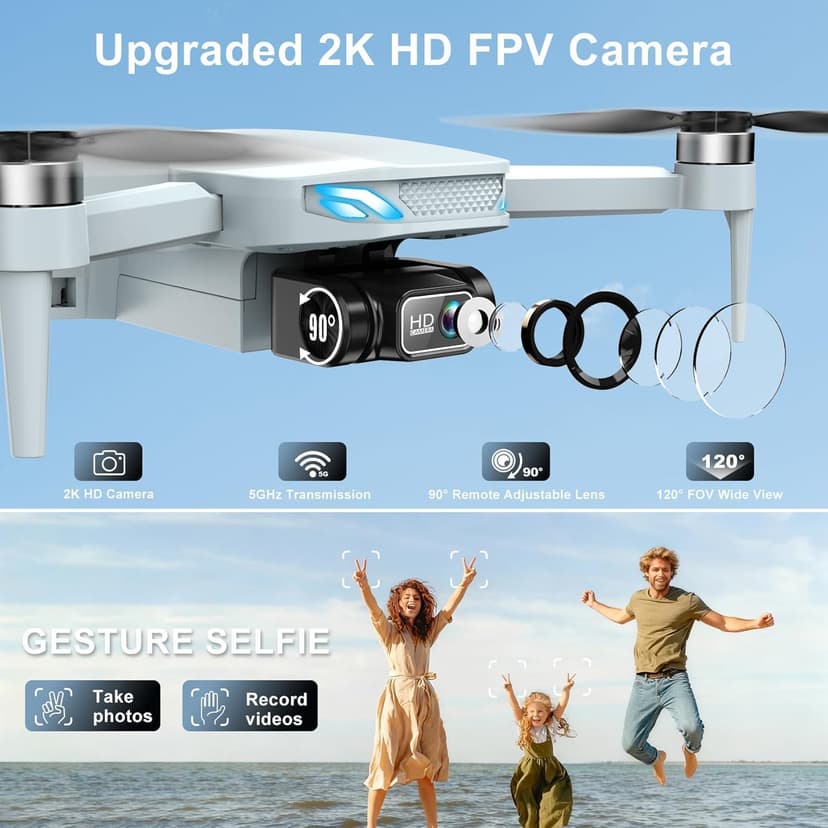Drone with Camera, 2K HD FPV Drones for Adults, Mini Drone with Gravity Control, One Key Take Off/Land, Waypoint Fly, Gestures Selfie, 3 Speed Modes, RC Drone for Beginners with 2 Batteries