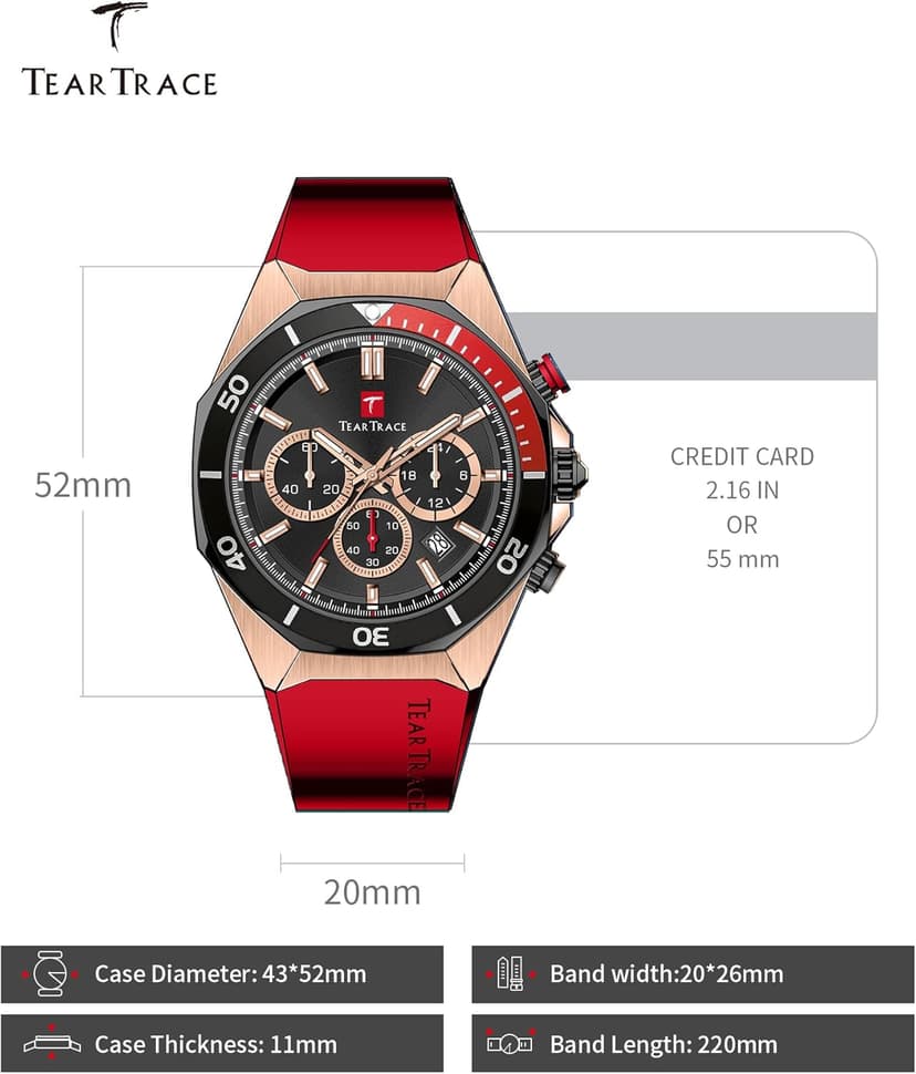 TEARTRACE Watches for Men Luxury Quartz Casual Chronograph 3ATM Waterproof Sport Wrist Watches Multifunctional with Silicone Strap Mens Watches