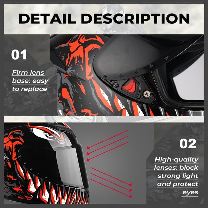 HTLNUZD Full Face Motorcycle Helmet Racing Motocross Helmets with Pinlock Compatible Clear&Tinted Visors DOT Model Approved Street Bike Helmet