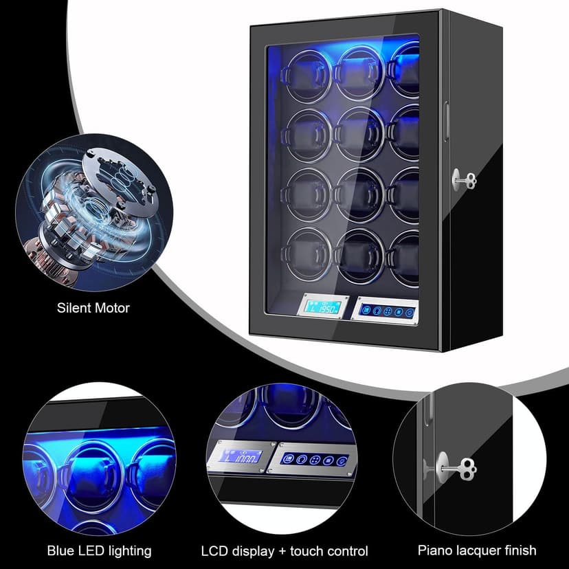 Watch Winders for 6/9/12 Slots Automatic Watches,Ultra-Quiet Japanese Motors, Built-in LED Illumination,LCD Display,Touchscreen Control