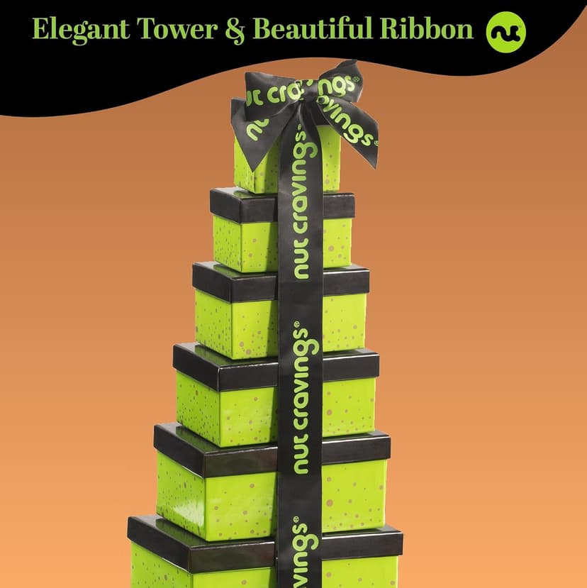Green Tower + Ribbon, Food Arrangement, Healthy Snack Care Package, Kosher NUT CRAVINGS - Dried Fruit & Mixed Nuts Gift Basket (12 Assortments) B081294WT2