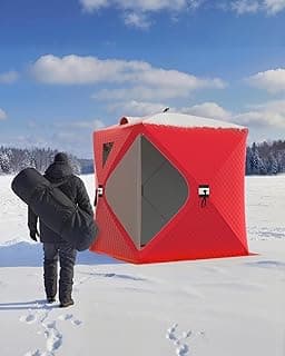 3-4 Person Pop-Up Ice Fishing Shelter – Portable Windproof & Insulated Hub-Style Shelter with 210d Oxford Fabric | Includes Anchors, Ropes & Carry Bag | Quick-Setup Ice Shanty for Winter Fishing