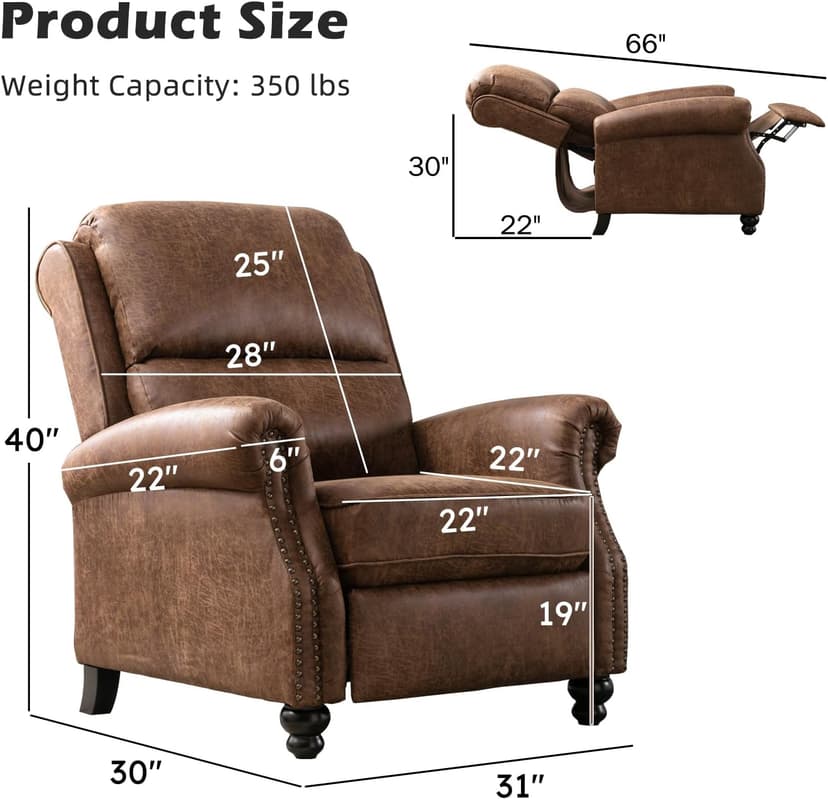 IOMOR Push Back Recliner Chair Faux Leather Lounge Armchair with Rivet Decoration Wingback Single Sofa Chair with Padded Seat Solid Wood Legs for Living Room, Chocolate