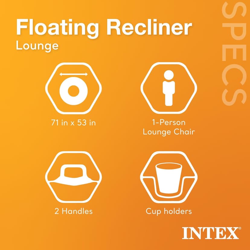 Intex Inflatable Lounge Pool Recliner Lounger Chair with Cup Holders - Heavy-Duty Float Raft for Adults, 220 Lb Capacity Large Floating Tanning Chair