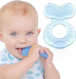 Nuby Silicone Teethe-EEZ Teether with Bristles, Includes Hygienic Case, Blue