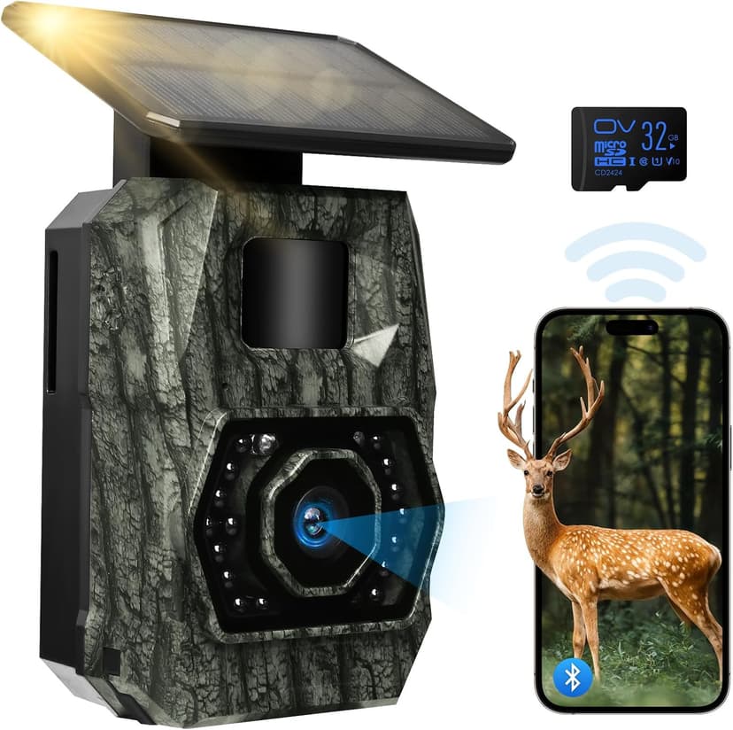 MAXDONE Solar Trail Camera WiFi Bluetooth - 48MP 30fps Game Camera with 5200mAh Rechargeable Battery, 0.1s Trigger Speed Motion Activated Trail Cam IP66 with 32GB TF Card for Wildlife Monitoring