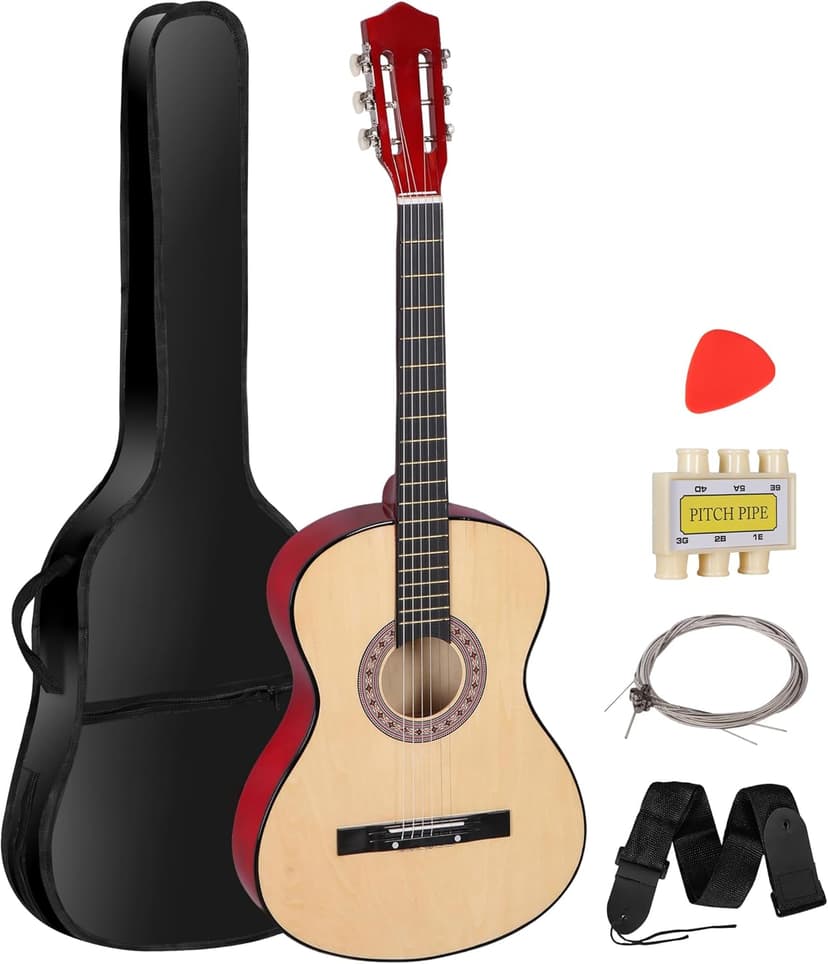 38 Inch Beginner Acoustic Guitar, 6-String Guitar Starter Kit for Starters with Gig Bag, Strings, Strap, Pitch Pipe and Pick, Natural