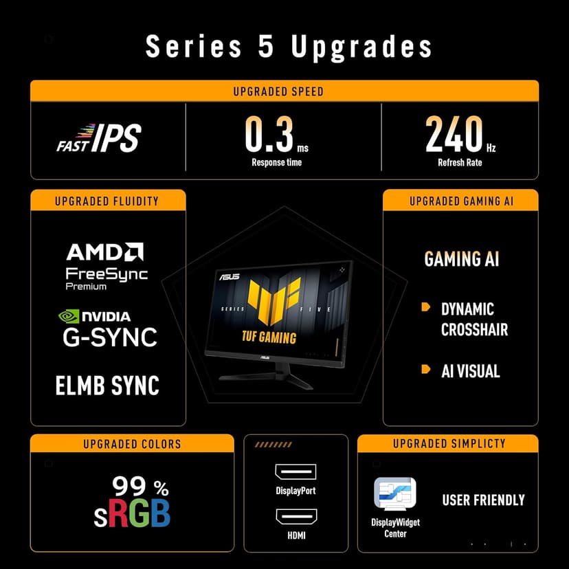 ASUS TUF Gaming Series 5 24” 1080P Gaming Monitor (VG249QM5A) - Full HD, Fast-IPS, 240Hz, 0.3ms, G-SYNC Compatible, FreeSync Premium, Extreme Low Motion Blur Sync, 99% sRGB, Gaming AI, 3 yr Warranty