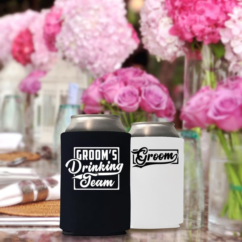 Veracco Groom's Drinking Team Can Coolie Holder Bachelor Party Wedding Favors Gift For Groomsmen Proposal (12, Wht Groom, Blk DT)