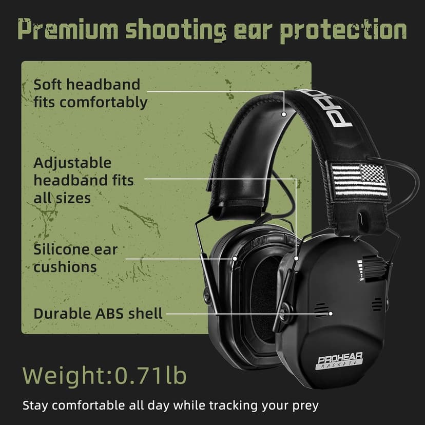 PROHEAR 022 Upgraded Electronic Shooting Earmuffs with Gel Cooling Ear Cushions - 29dB SNR Noise Reduction for Hunting & Gun Range, 5X Sound Amplification, 4 Omnidirectional Mics, HD Speakers,Black