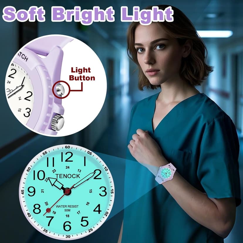 TENOCK Waterproof Nurse Watch for Medical Professionals Students Women Men, Night Light, 12/24 Hour Military Time Easy to Read Dial, Second Hand Watch for Nursing Day Gifts