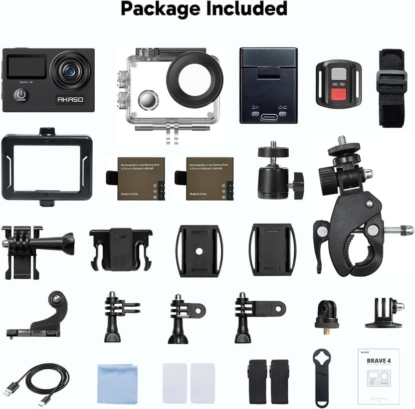AKASO Brave 4 Action Camera 4K 30fps Ultra Hd Video 20MP Photo, EIS, WiFi Remote Control, Waterproof Underwater Camera for Snorkel, Travel, Motorcyc, Other Sports, 2xBatteries, Helmet Accessories Kit