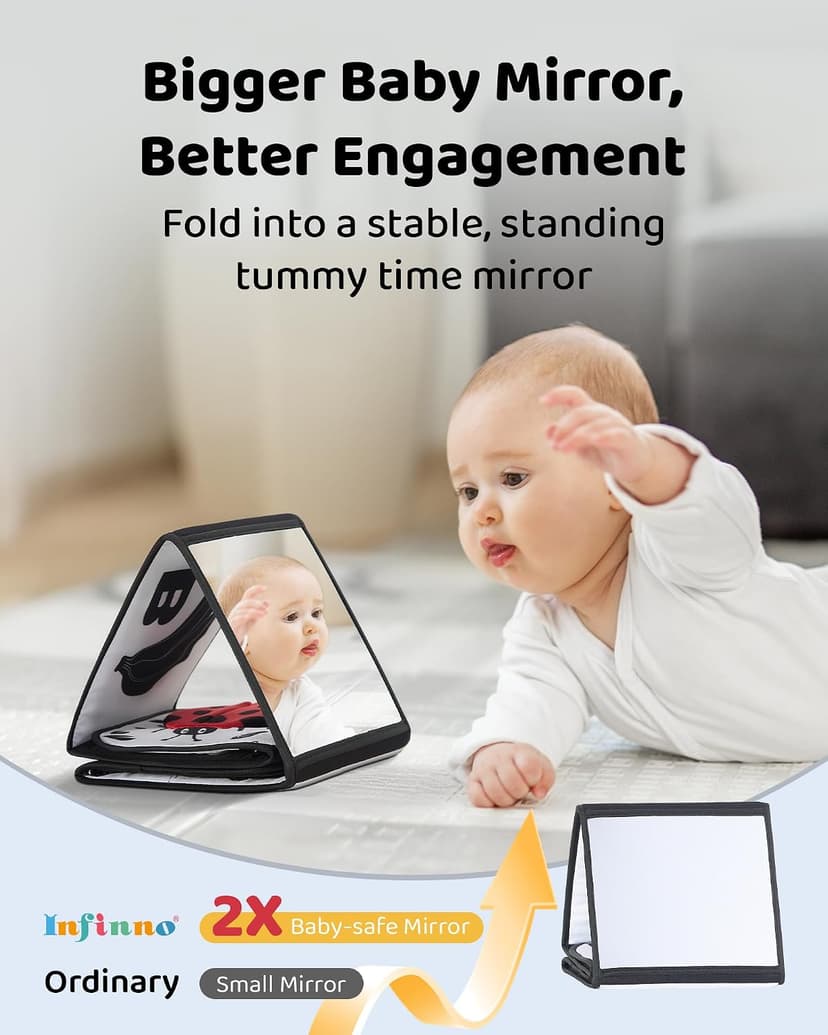 Newborn visual stimulation 0-6 months, Montessori sensory play, soft crinkle pages, folds flat, ties to crib and stroller Infinno High Contrast Baby Book, Black and White, Tummy Time Mirror Toy B0DHH7LGZT