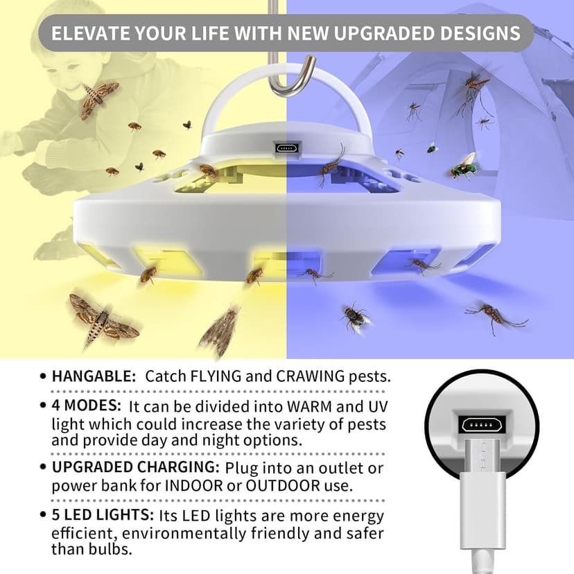 Frogoom 2 Packs Flea Traps for Inside Your Home with 6 Sticky Pads, Fleas Light Traps Kills Fleas in House, Hanging Flea Lamp with USB Cable Pest Control for Bugs Moths Gnats Indoor and Outdoor