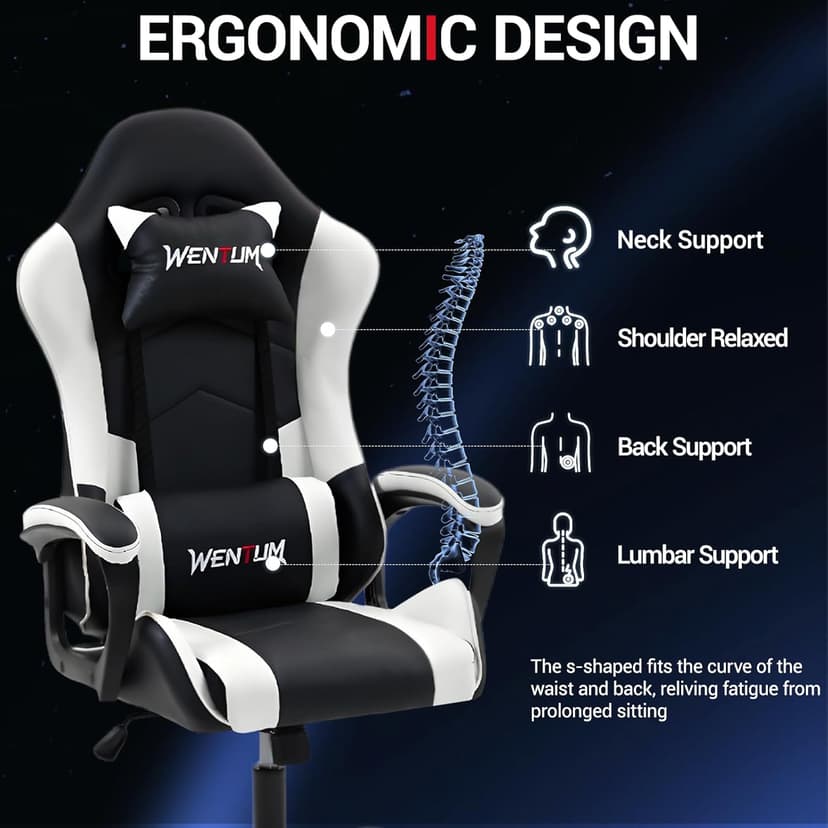 Gaming Chair PU Leather Massage PC Video Game Chair with Lumbar Support for Men Women, Home Office, Height Adjustable, Ergonomic, High Back, White