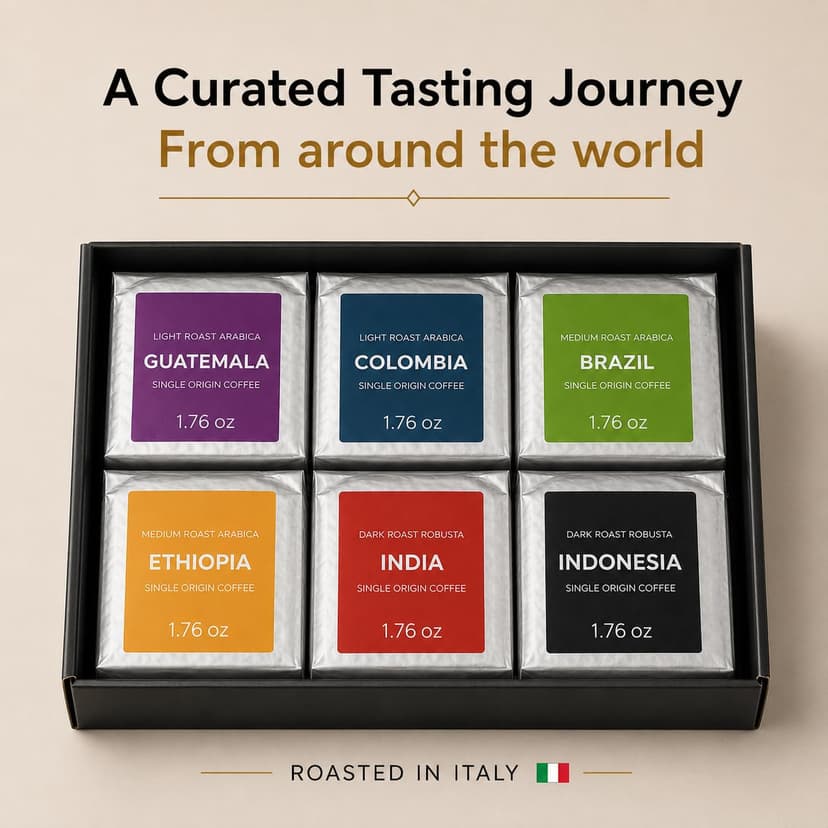 UNIQBITE World Coffees Gift Set, Six Single Origin Ground Coffee Variety Pack, Coffee Sampler from Around the World, Light, Medium & Dark Roasts, Roasted in Italy, 10.58 oz (300g) B0H3XNK2G3