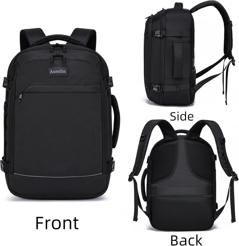 Asenlin Travel Backpack for Women and Men,Fit 15.6 Inch Carry on Backpack Flight Approved Luggage，Weekender Bag Water Resistant Laptop Backpack-Black