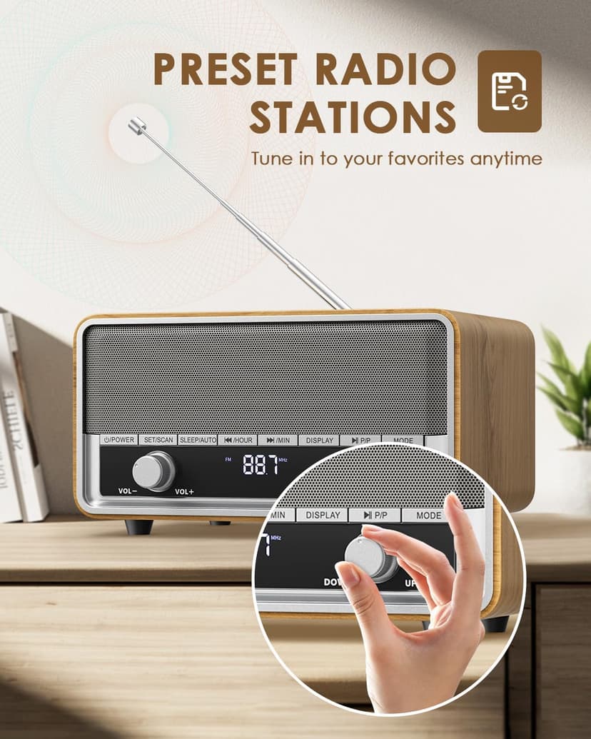 Vintage Wood AM FM Bluetooth Radio with Clock, Digital Clock Radio for Bedroom with LCD Display | 40 Presets | Sleep Timer | No Alarm, Retro Bluetooth Speaker for Office, Kitchen (Wood)