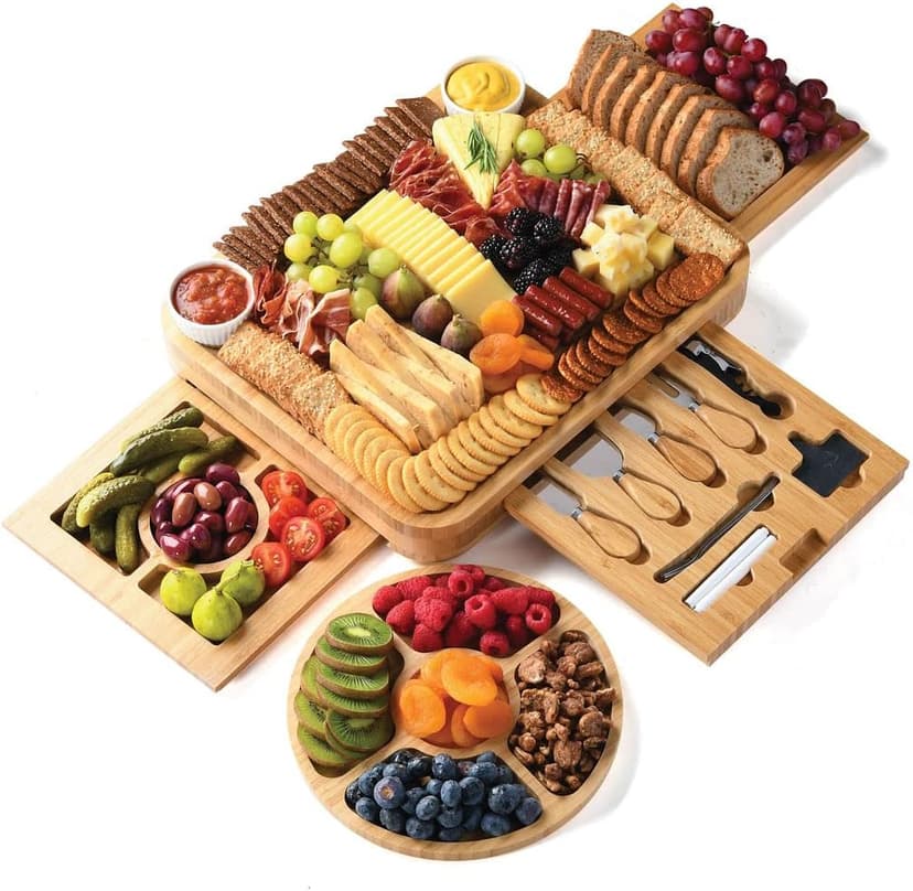 Complete Serving Set with Utensils & Trays, Entertaining, House Warming, Wedding, Bridal Shower & Birthday Gift for Women Bamboo Charcuterie Board Set, Large Cheese Board 3-Drawer with Accessories B0BKLRWSZW