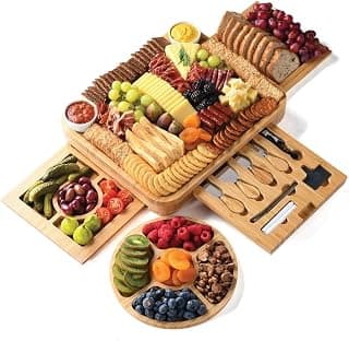 Complete Serving Set with Utensils & Trays, Entertaining, House Warming, Wedding, Bridal Shower & Birthday Gift for Women Bamboo Charcuterie Board Set, Large Cheese Board 3-Drawer with Accessories B0BKLRWSZW