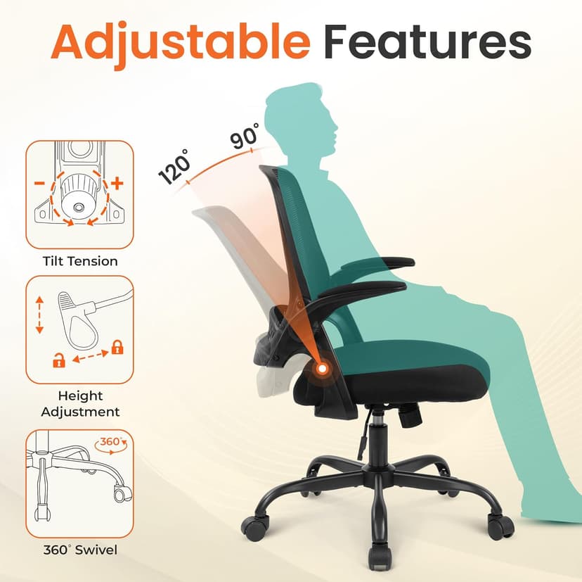 NEO CHAIR Office Chair Gaming Desk Computer Mesh Ergonomic Chair with Flip-up Arms Comfy Lumbar Support Adjustable Height Rolling Wheels Chair for Home Office (All Black)