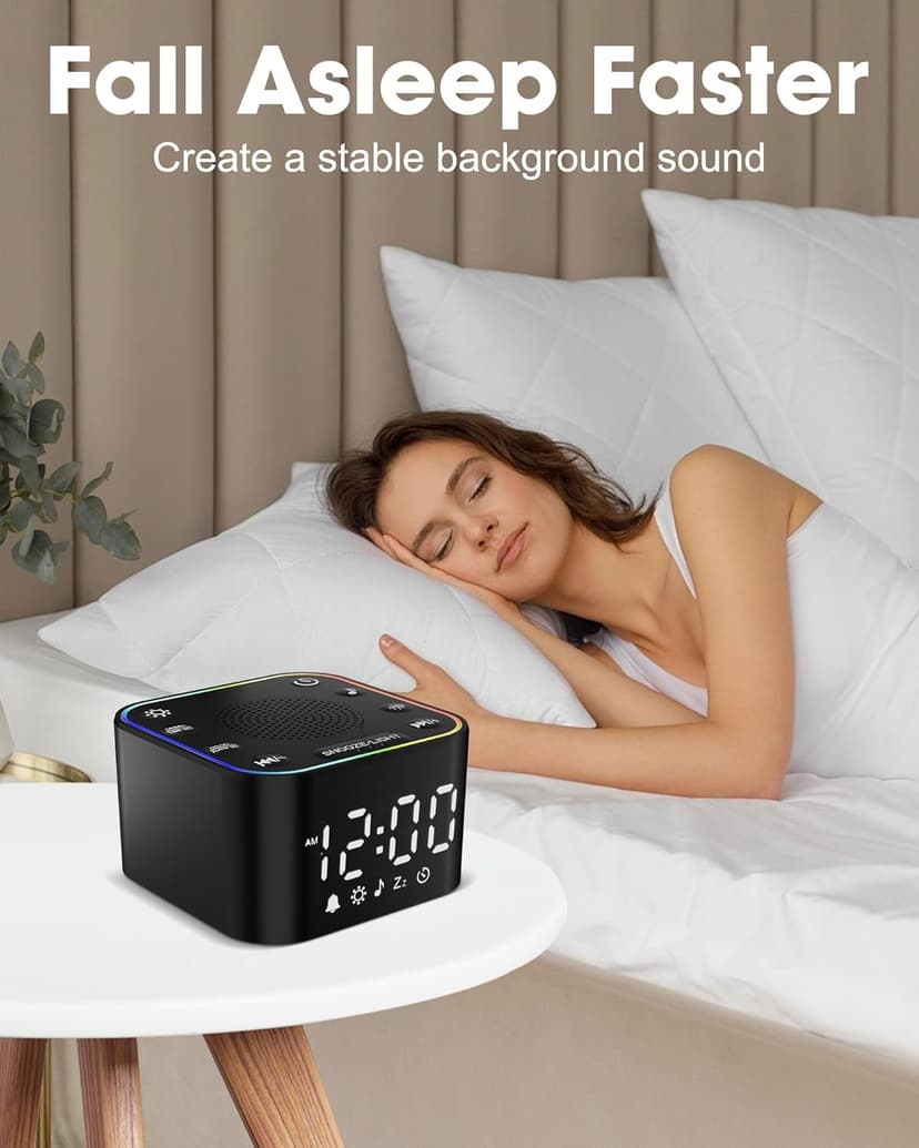 Alampan White Noise Sound Machine with Alarm Clock, 30 Soothing Sounds, Noise Machine for Sleeping, RGB Night Light, Digital Clock, Adults, for Bedside, Nightstand, Including Fan, Rain, Bird, Ocean