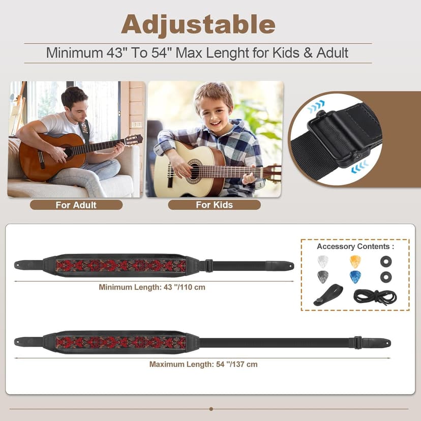 Guitar Strap and Bass Strap, Embroidered Guitar Strap, Adjustable Strap Length, Equipped with 3D Sponge Filled Foam Pad, Comes with 4 Picks + 2 Strap Locks, Best Gift for Guitar Players, Vintage Red