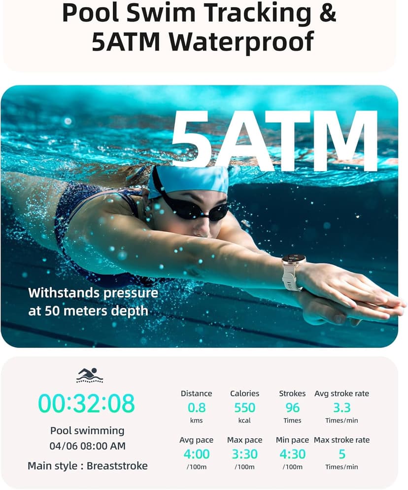 Parsonver Parsonver Swimming Smart Watch, 5ATM Waterproof for Pool & Open Water, Built-in GPS & Compass, AMOLED Fitness Tracker with 100+ Sports Modes, Heart Rate & Sleep Monitor, AI Swim Analysis, French Grey