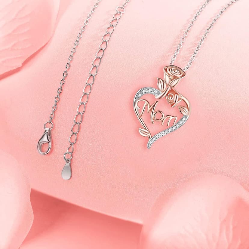 Mom Birthday Gift, Mothers Day Gift, Christmas Gift, Jewelry Gifts for Mom from Daughter Son Desimtion Sterling Silver Eternal Rose Heart Mom Necklaces for Women B0BYYLBBTJ