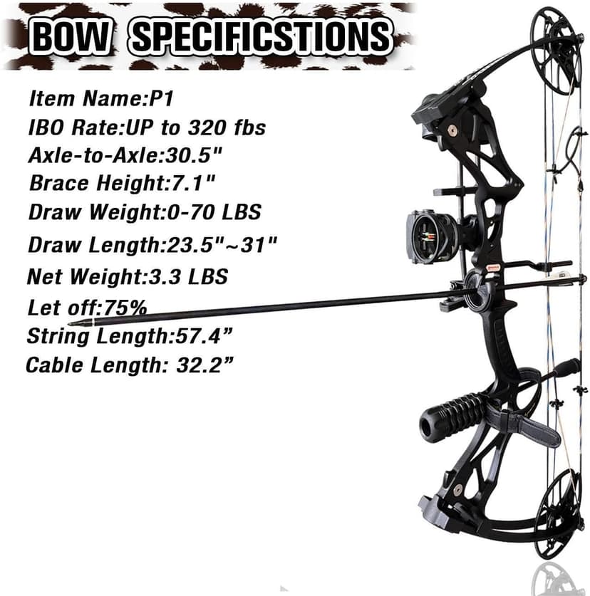 Compound Bow Package for Adults and Teens, 0-70 Lbs Draw Weight,23.5"-31" Draw Length,Limbs Made in USA,Lightweight Design,Archery Hunting Bow Set, Fully Adjustable,2024 New