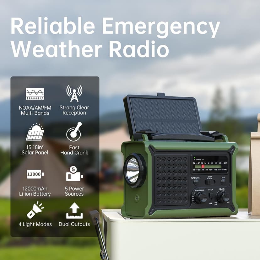 AM FM NOAA Weather Radio Battery Operated with 2-Mode LED Flashlight Cell Phone Charger Dual Outputs SOS Solar Radio Emergency Hand Crank 12000mAh with Clear Signal B0F4QW1PP1