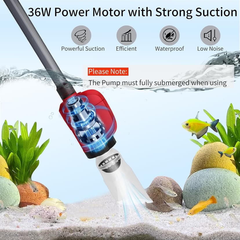 Electric Aquarium Vacuum Gravel Cleaner, 36W 6 in 1 Multifuction Automatic Fish Tank Gravel Cleaner Vacuum for Wash Sand & Water Changer