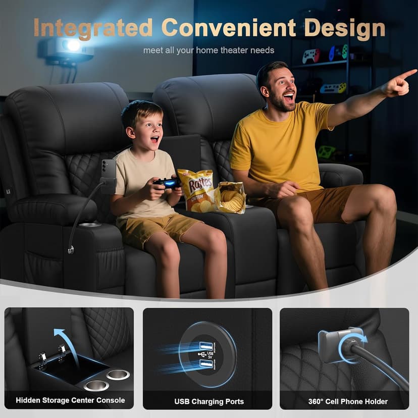Loveseat Recliner Sofa, Home Theater Seating with Center Console, Reclining Loveseat RV Couch with USB Ports & Phone Holders, Wall Hugger RV Sofa Furniture with Storage & Pocket