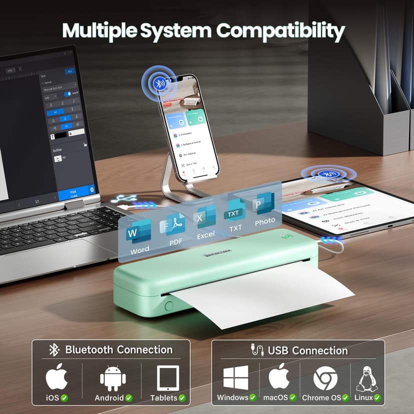 Phomemo Portable Printers Wireless for Travel Upgraded, M834 Bluetooth Label Printers 8.5" x 11"& A4 Size,Desktop Label Printers with Carry Case for Travel,Office,School,Car,Home,Light Green