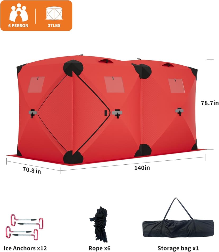 GarveeLife Ice Fishing Insulated Tent, Large Pop-Up Portable Hub-Style Ice Fishing Shelter, 6-7 Person Shelter 68 Square Feet of Fishable Area