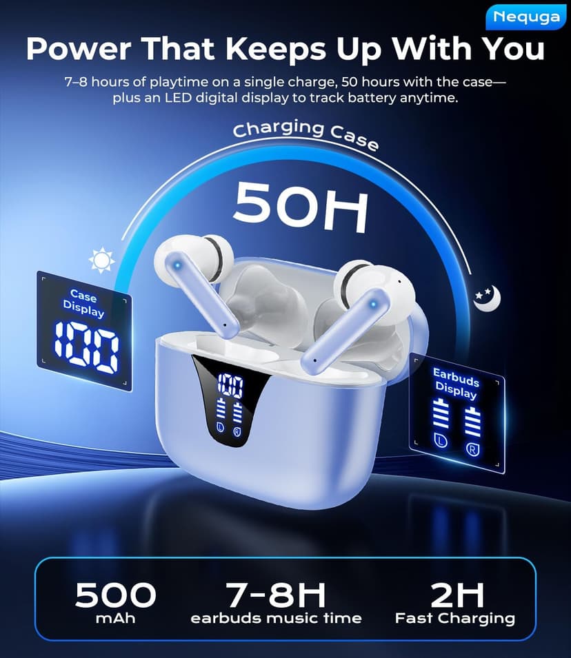 Nequga Wireless Earbuds Bluetooth Headphones, 50H Playtime Ear Buds with Mic, LED Digital Display Charging Case, IPX7 Waterproof, Deep Bass Stereo, in-Ear Earphone for iPhone Andriod Phone